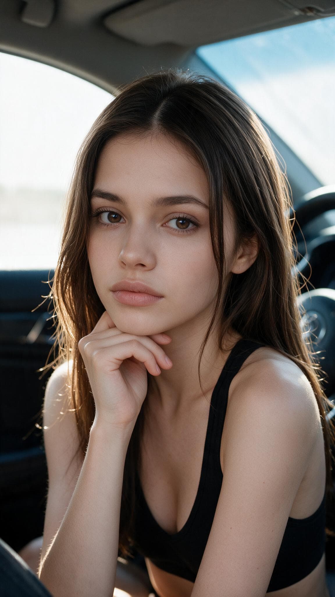 Slim brunette cleavage in car