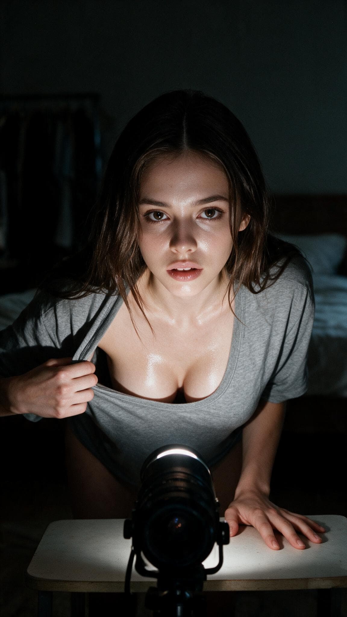 Brunette cleavage from below