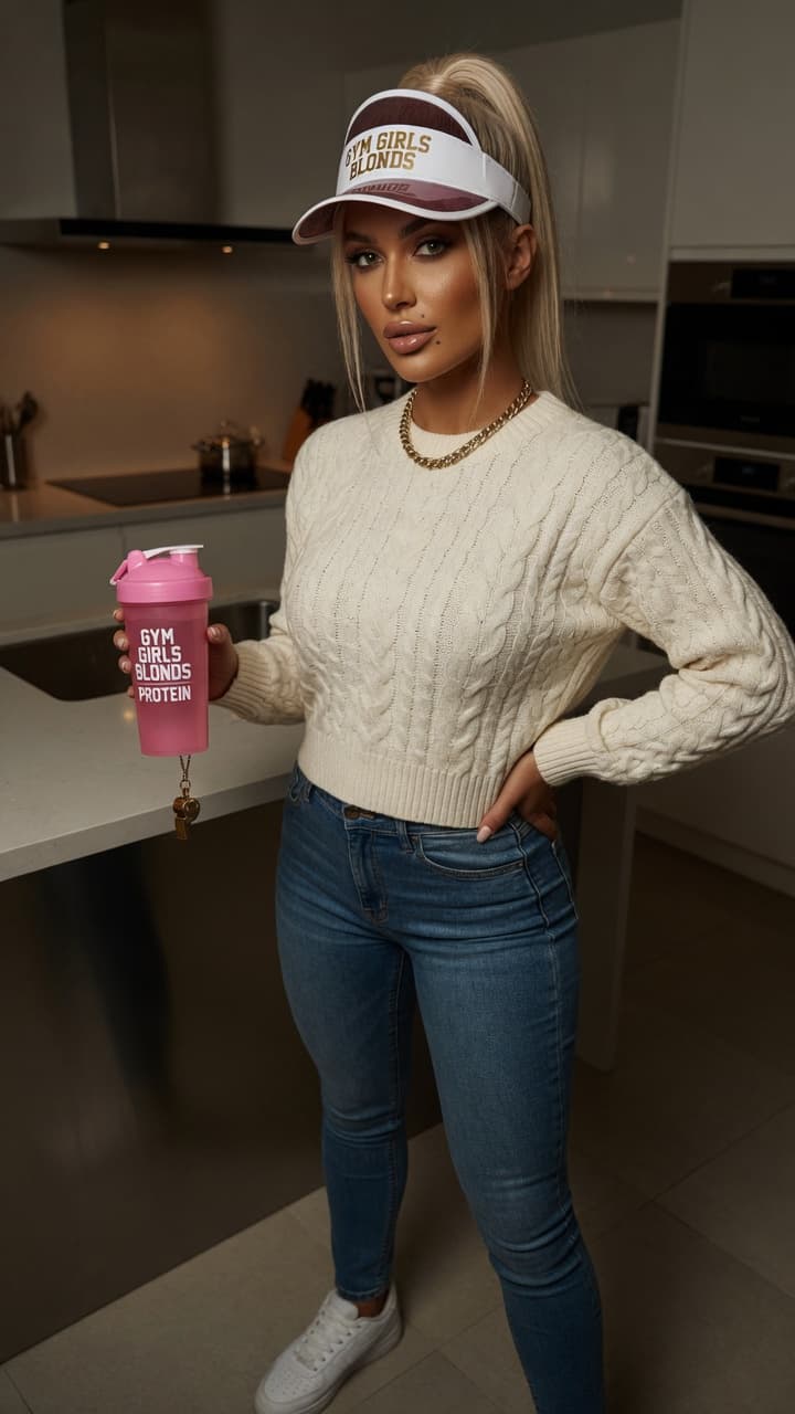 Blonde trainer holds protein shaker
