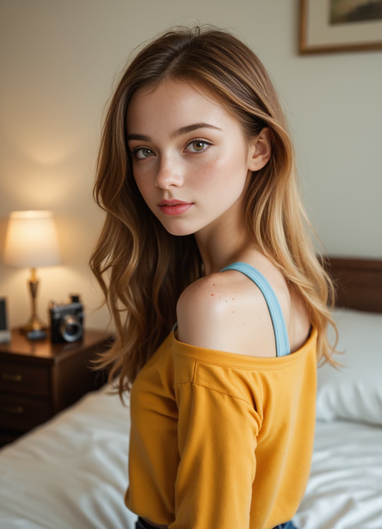 Brunette over-shoulder bedroom glance