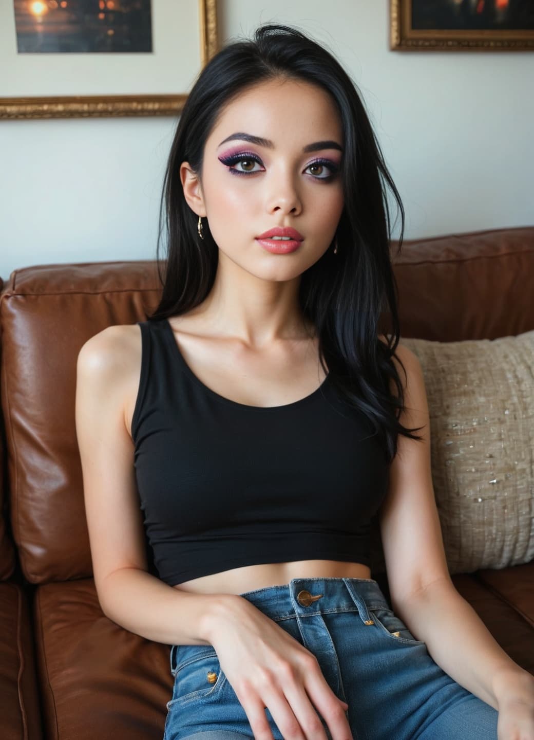Couch selfie in tank top and jeans