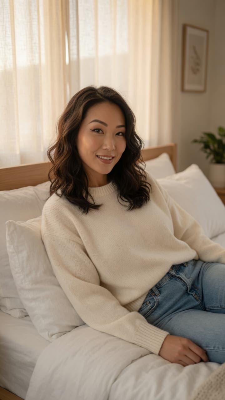 Early 30s cozy bedroom morning
