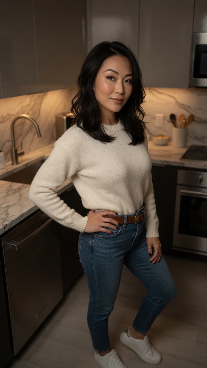 Kitchen hip-cocked sweater pose