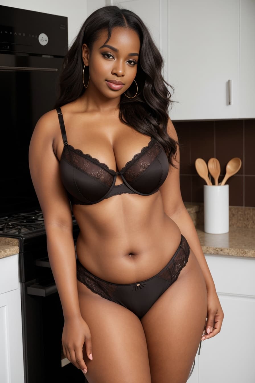 Curvy ebony lingerie in kitchen