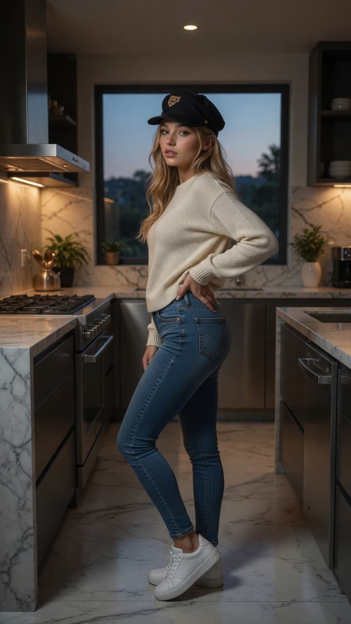 Early 20s blonde kitchen pose
