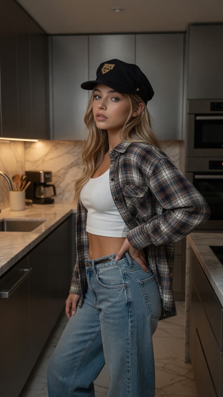 Blonde kitchen hip-cock pose