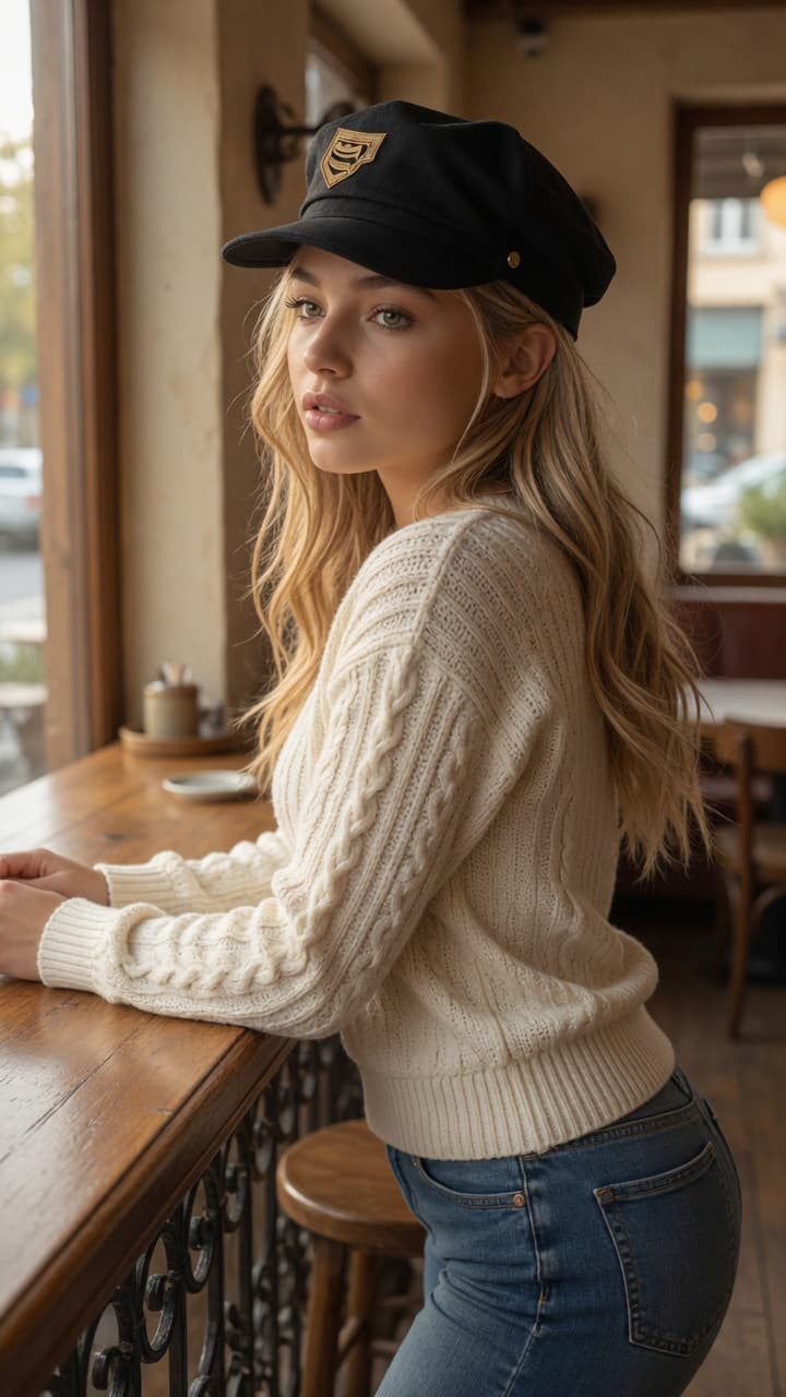 Blonde cafe jeans over-shoulder glance