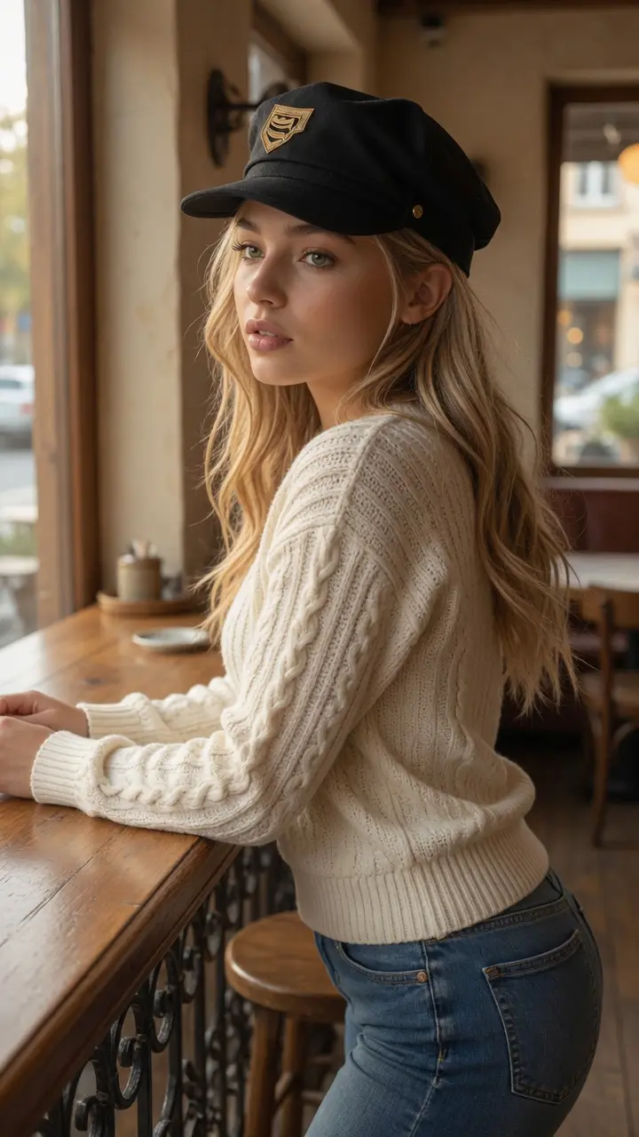 Blonde cafe jeans over-shoulder glance