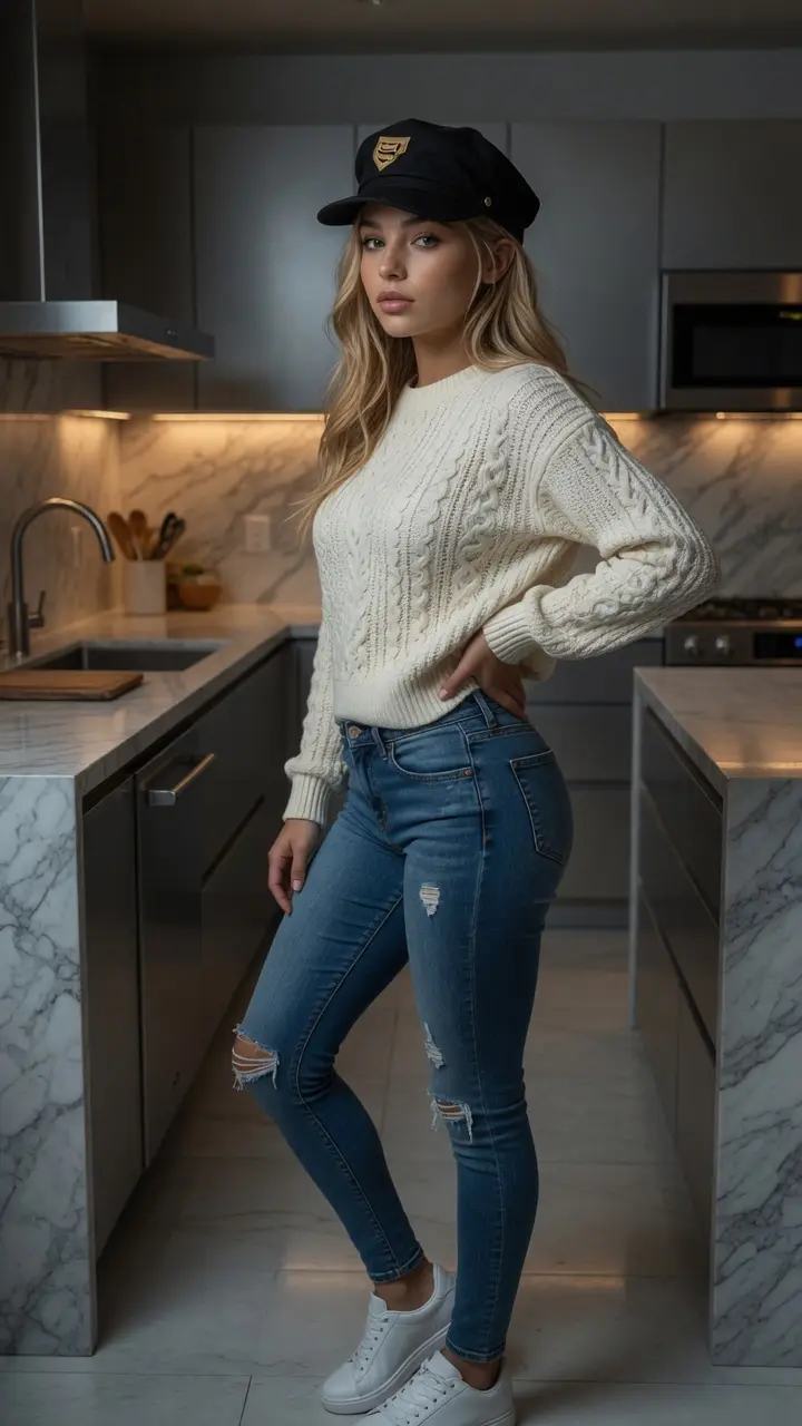Blonde kitchen hip-cock pose