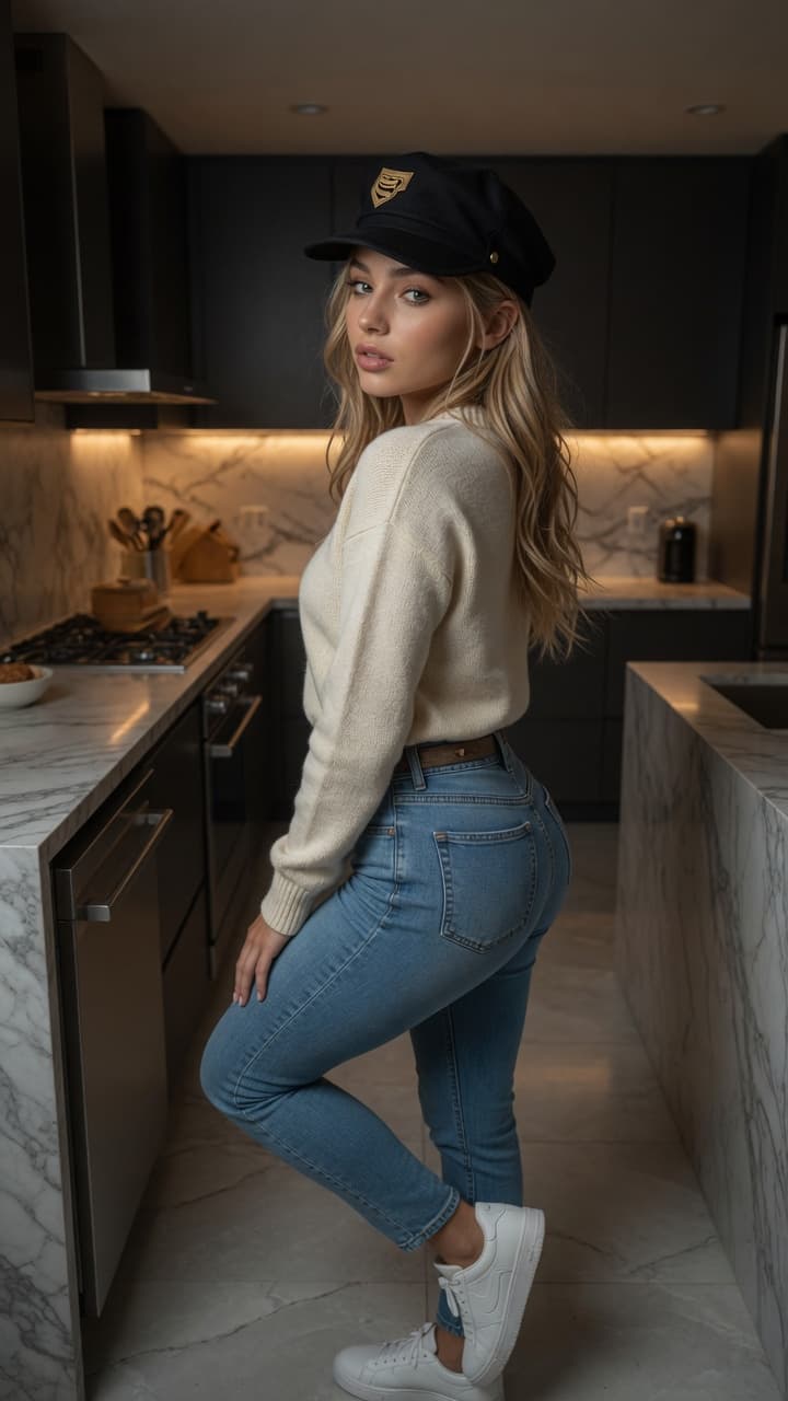 Curvy blonde ass in tight jeans