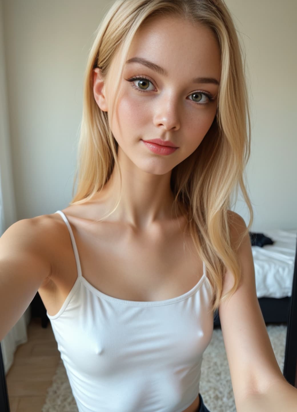 Cara in a bedroom selfie