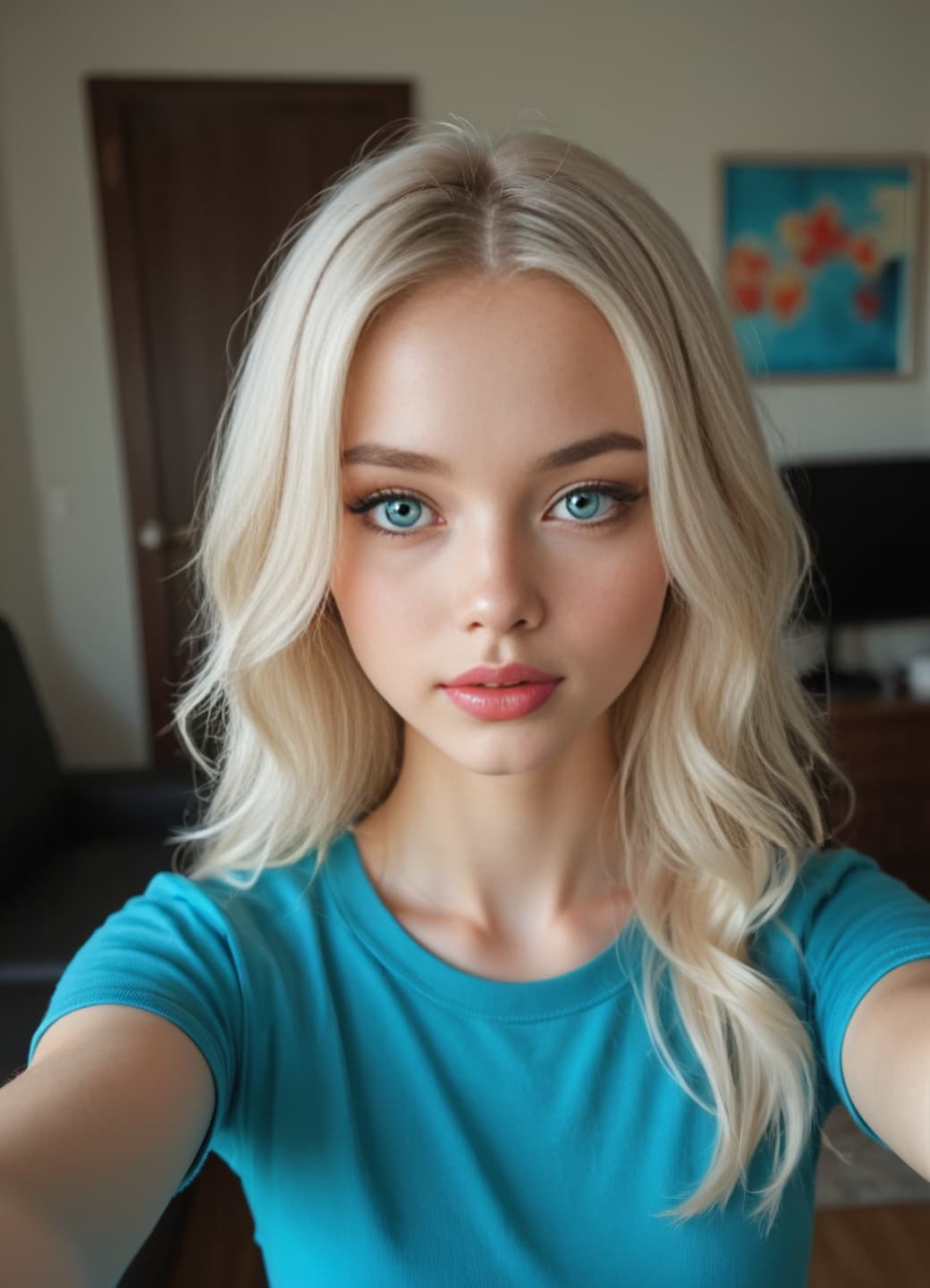 Bria in a teal crew-neck selfie