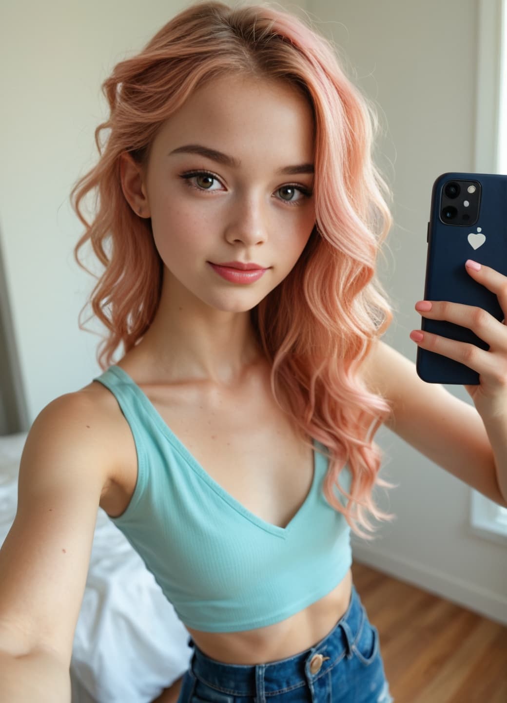 Tessa taking a bedroom selfie in casual denim