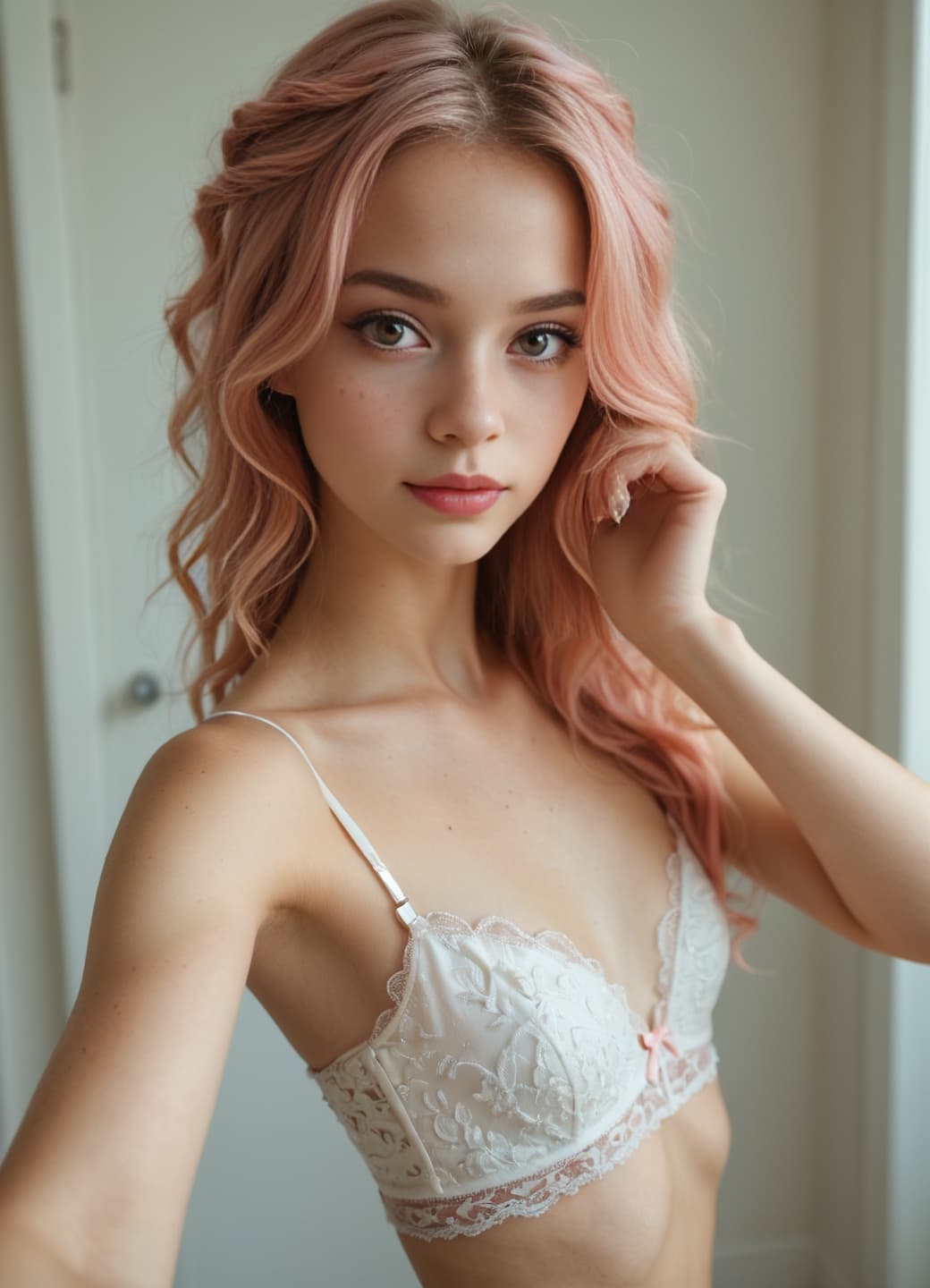 Tessa in white lace bra by the door