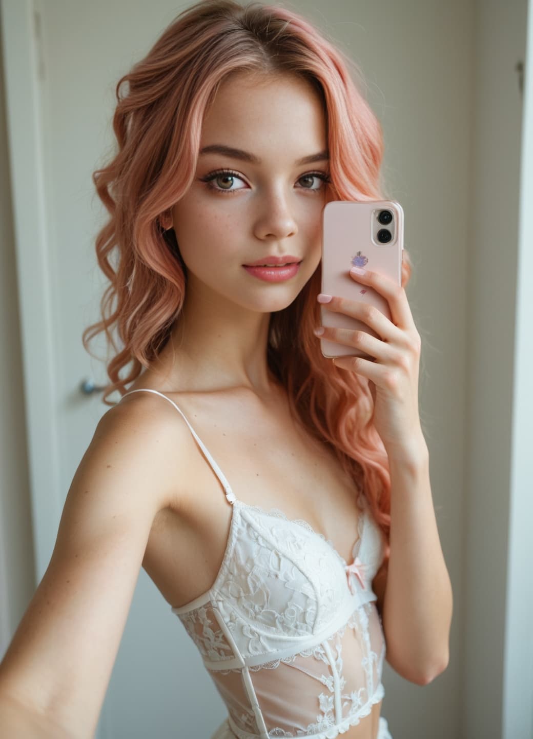 Tessa in white lace camisole selfie
