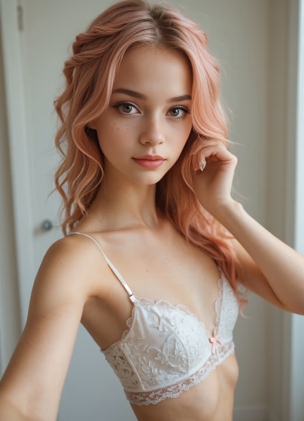 Kaylee with rose-gold waves in white lace bra, soft light