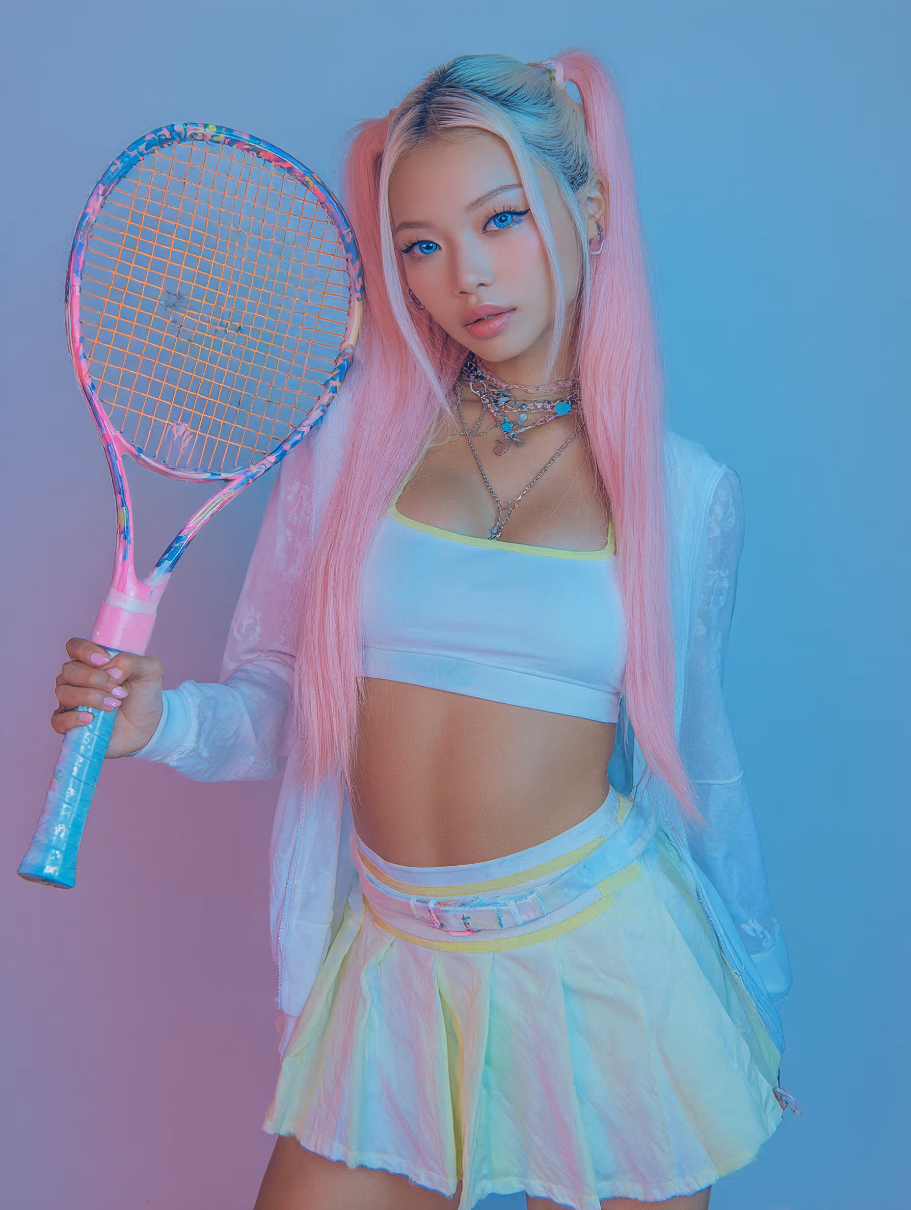 Sakura, a young woman with a gentle, curious expression, early 20s, long black hair with a pink streak