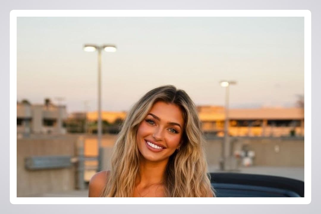 Blonde blue eyes golden hour car selfie