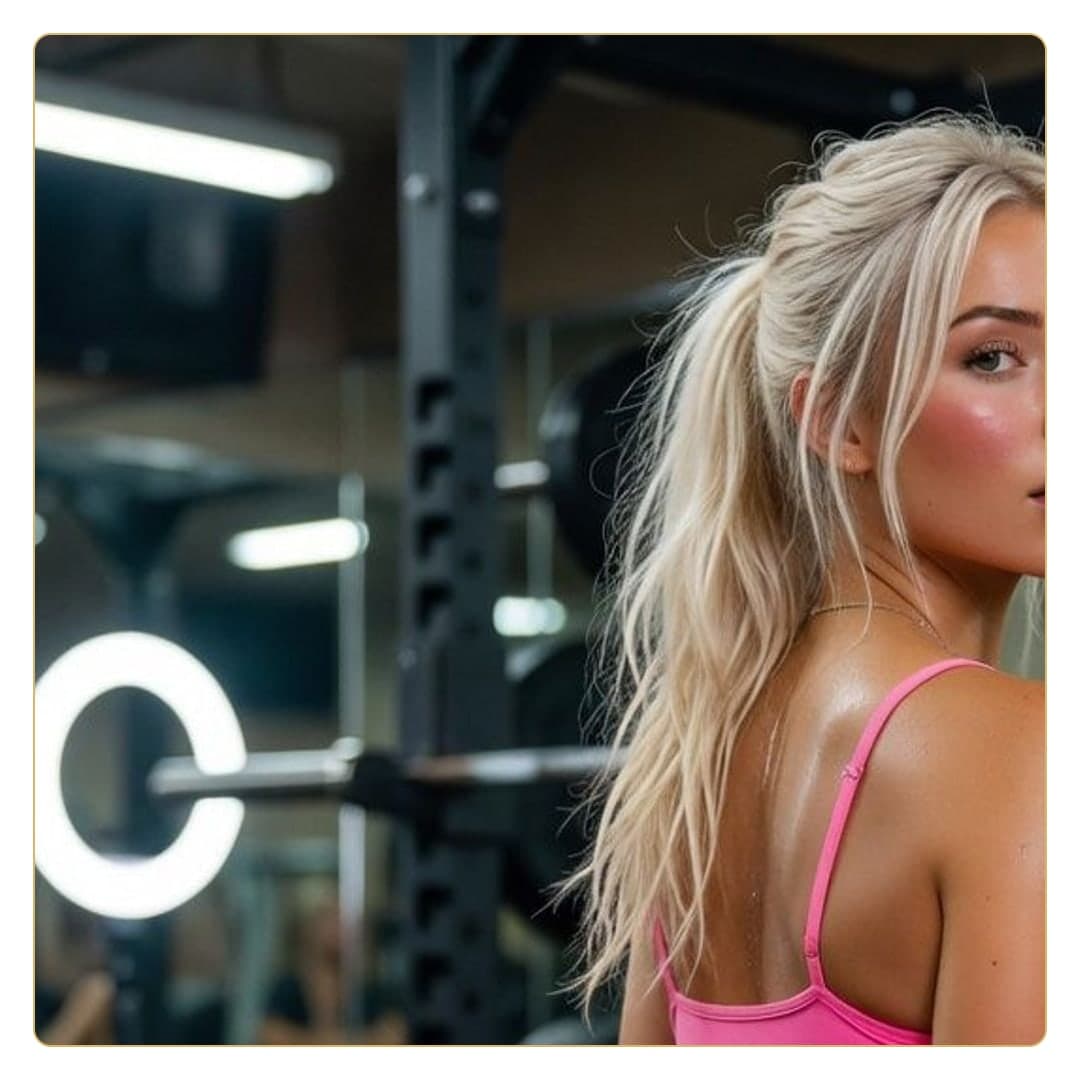 Platinum blonde ponytail gym close-up