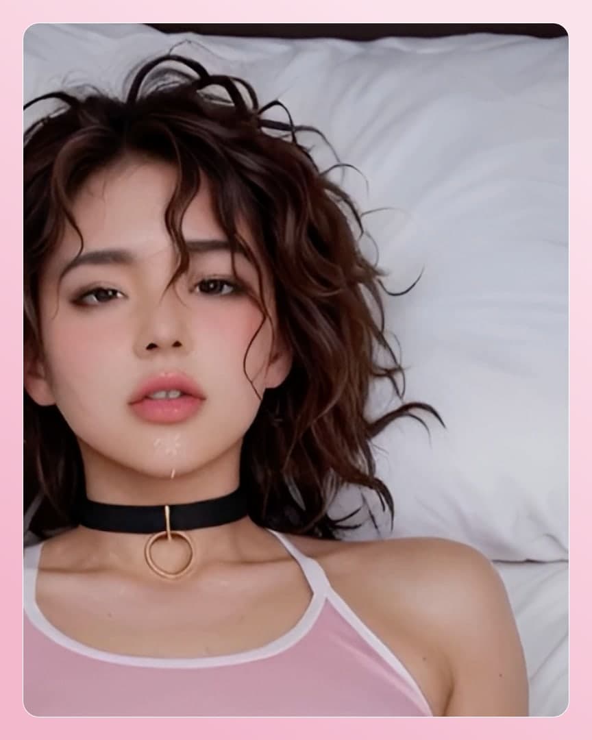 Wavy brunette cum on lips close-up