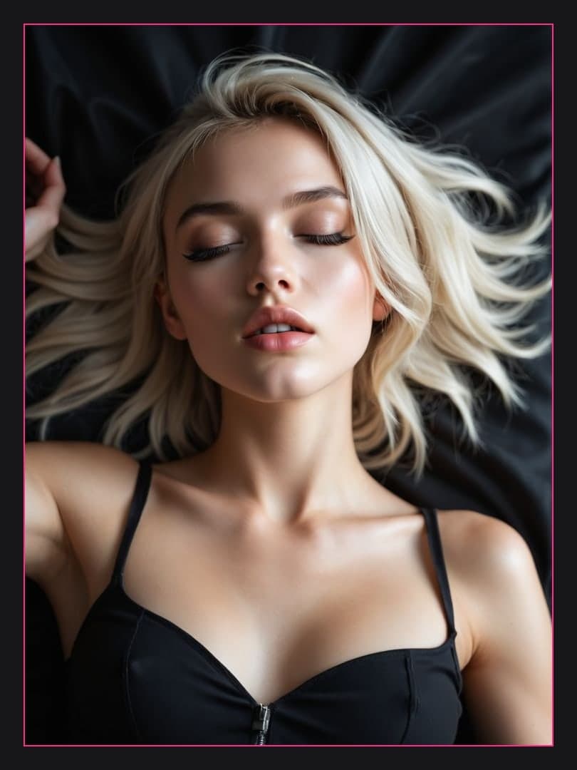 Blonde in black satin on bed