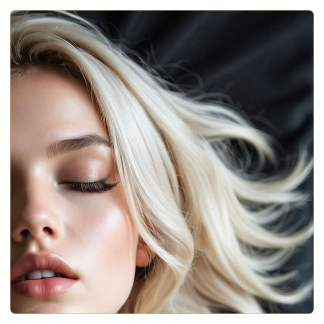 Platinum blonde close-up on black sheets
