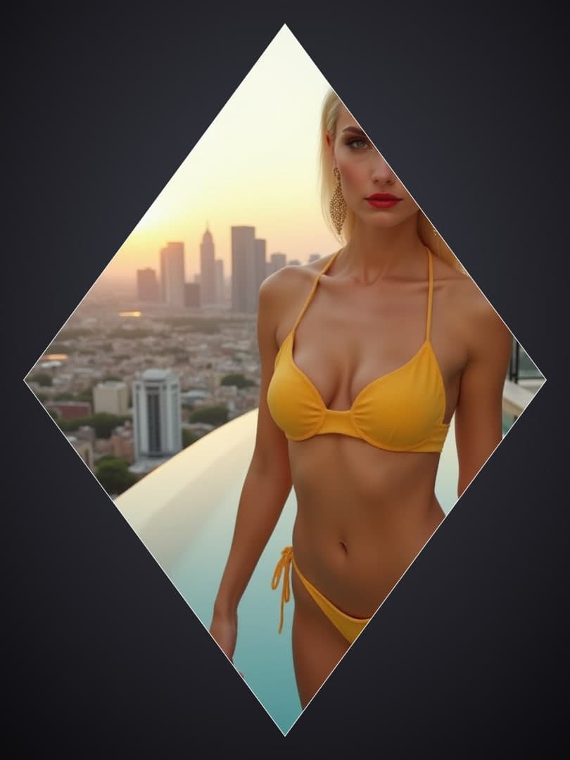 Blonde rooftop sunset in yellow bikini