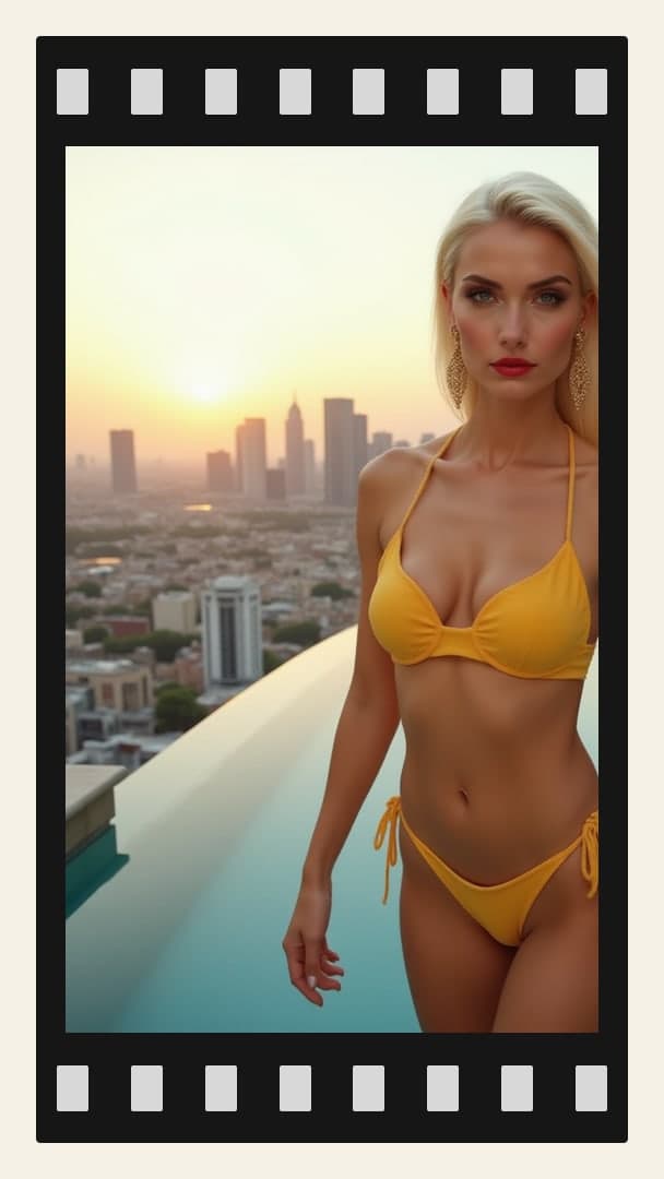 Rooftop balcony yellow bikini sunset