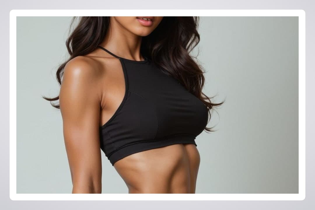Raven hair close-up in sports bra