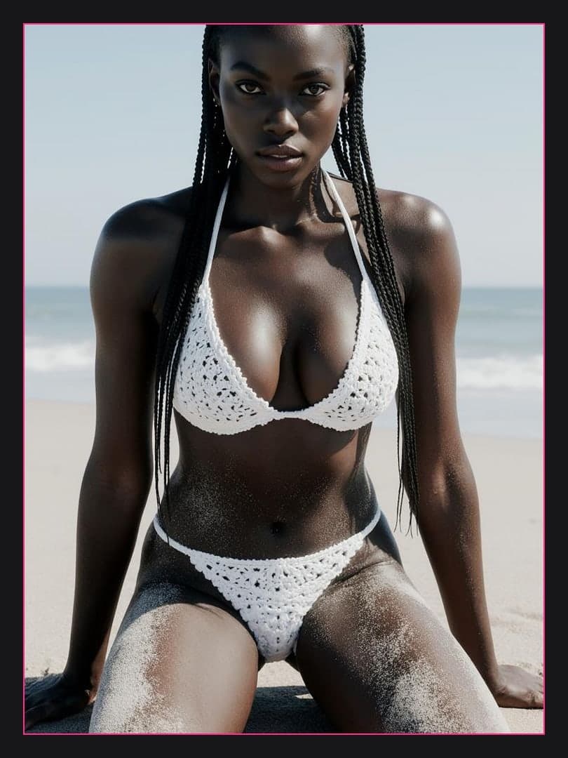 White crochet bikini on sunny sand