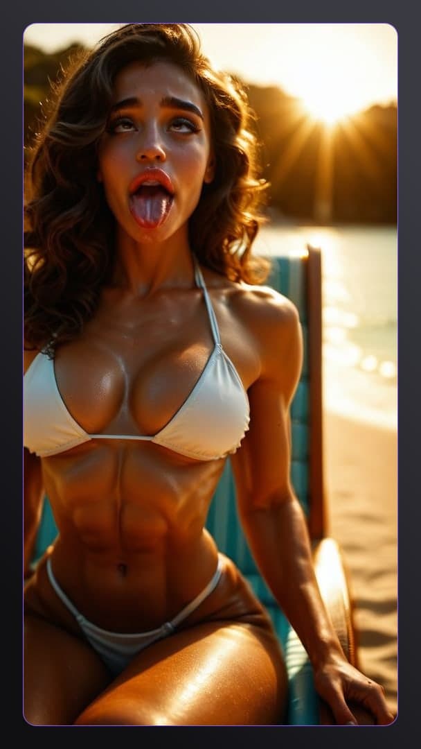 Early 20s trainer tongue out beach