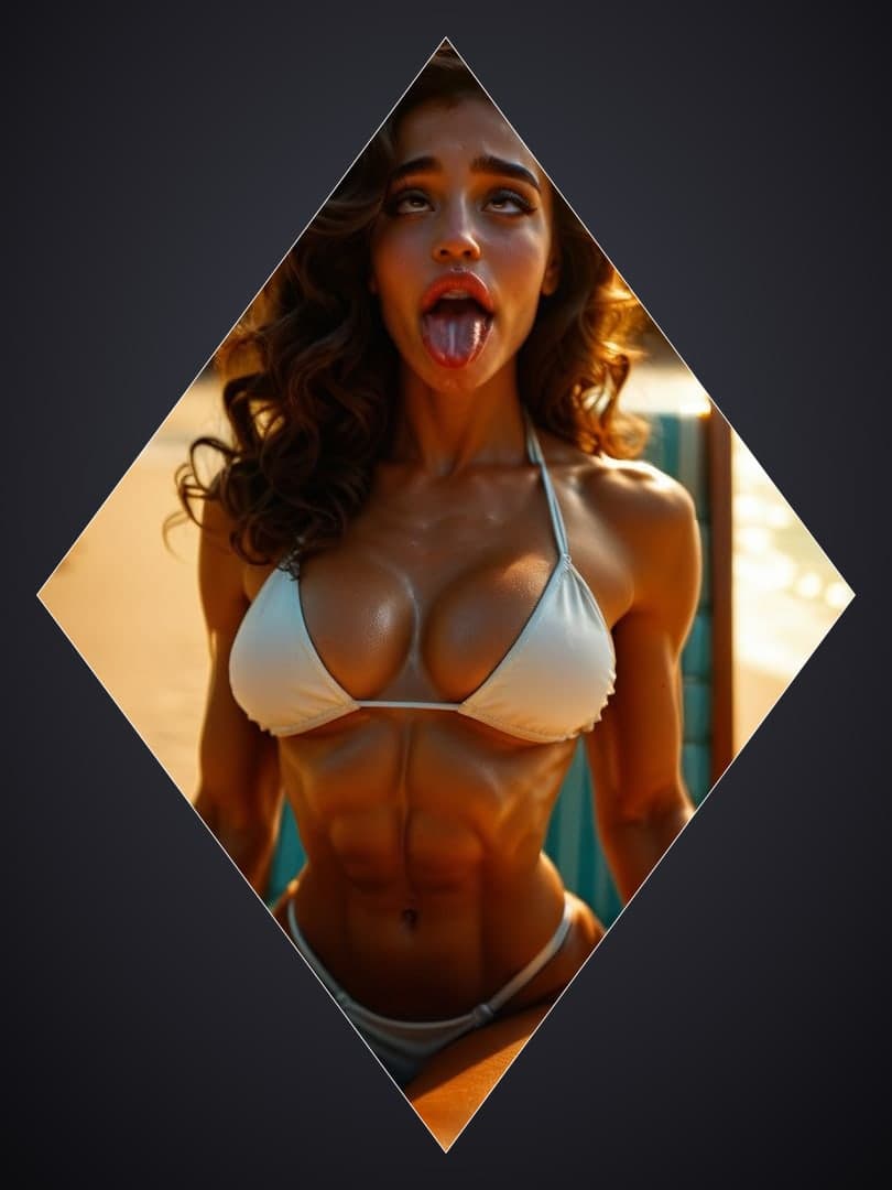 Oiled abs in string bikini outdoors