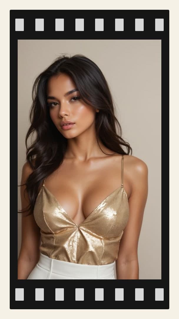 Gold crop top deep cleavage studio