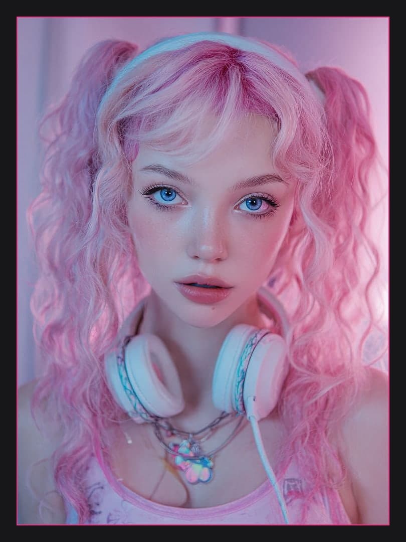 Pink pigtails selfie in neon bedroom