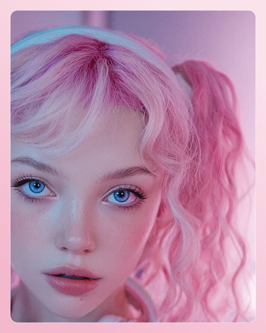 Pink pigtails neon close-up