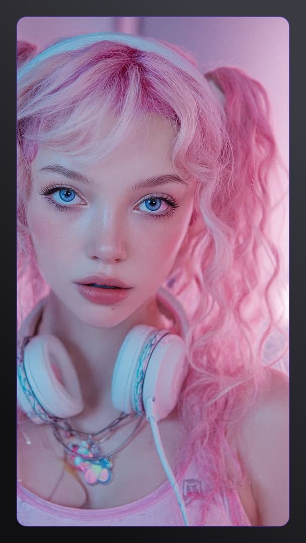 Pink pigtails neon bedroom selfie