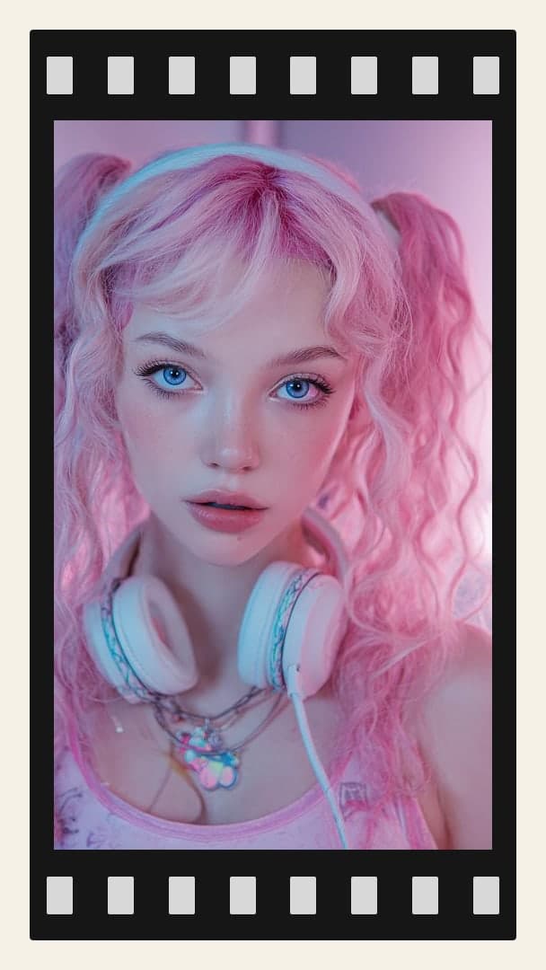 Curvy pink pigtails neon selfie