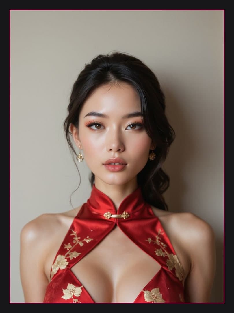 Red satin halter top cleavage