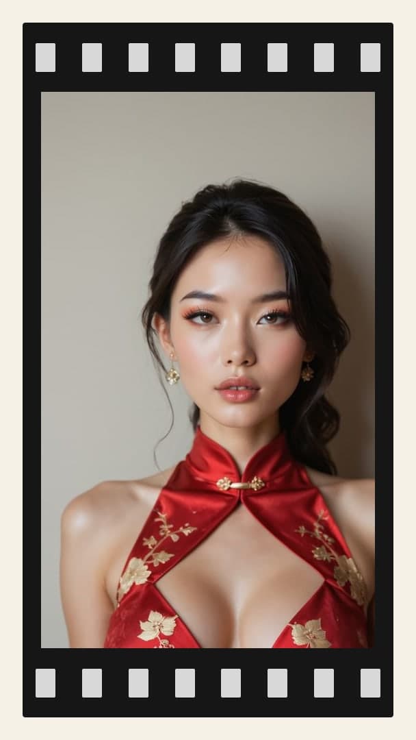 Red satin halter close-up cleavage