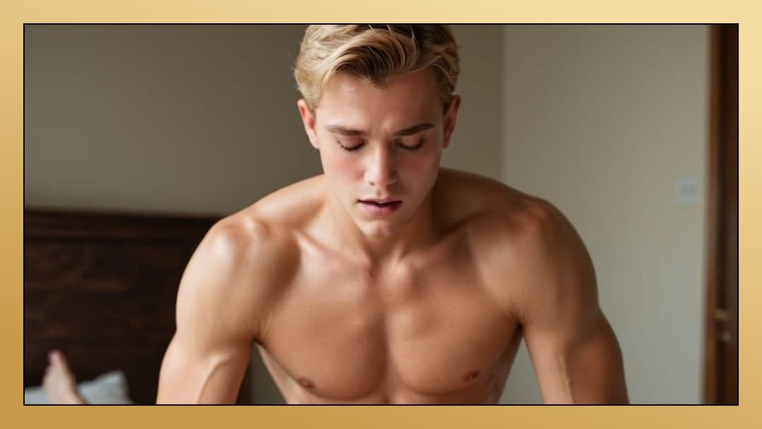 Shirtless guy in bedroom close-up
