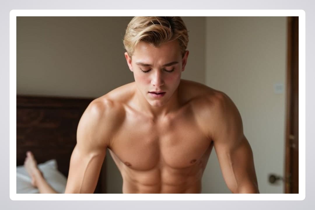 Blonde in bedroom with shirtless guy