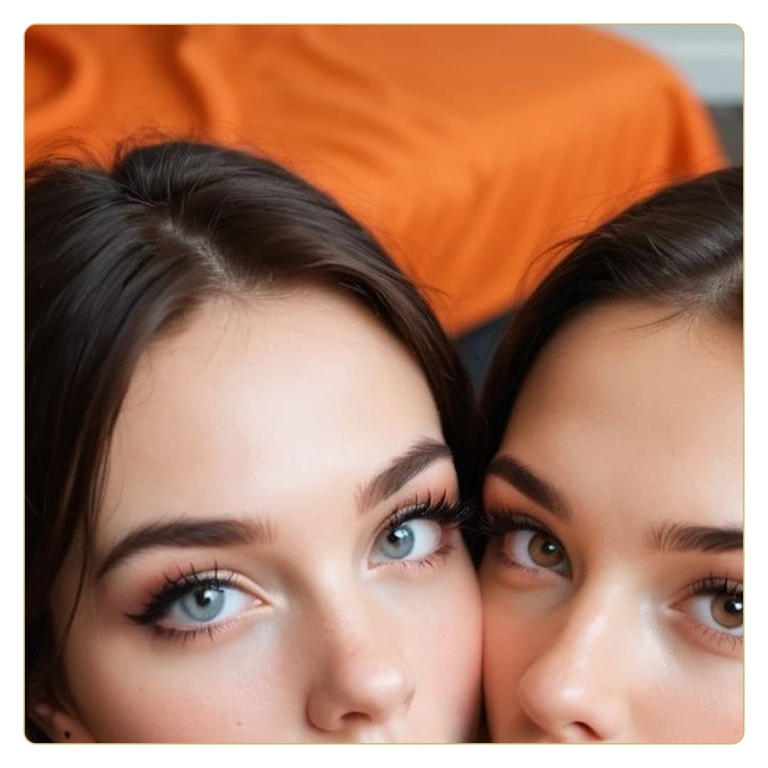 Topless brunette twins orange sheets