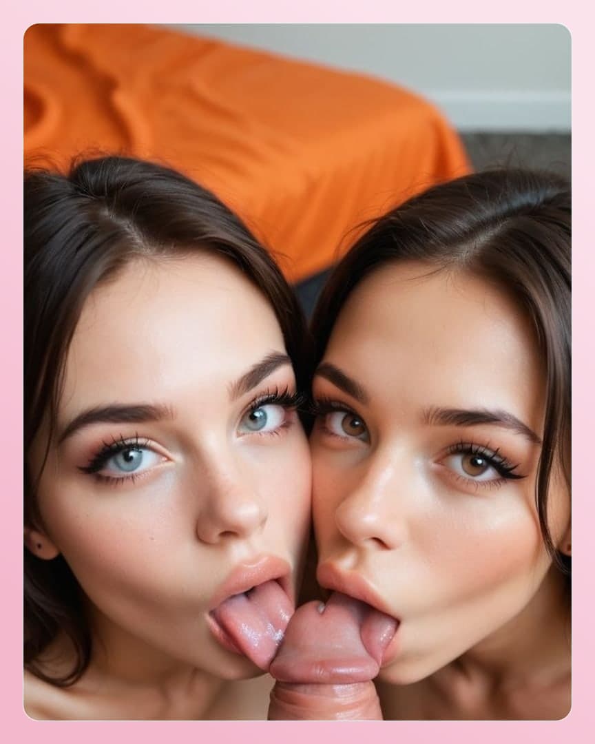 Brunette twins licking cock POV