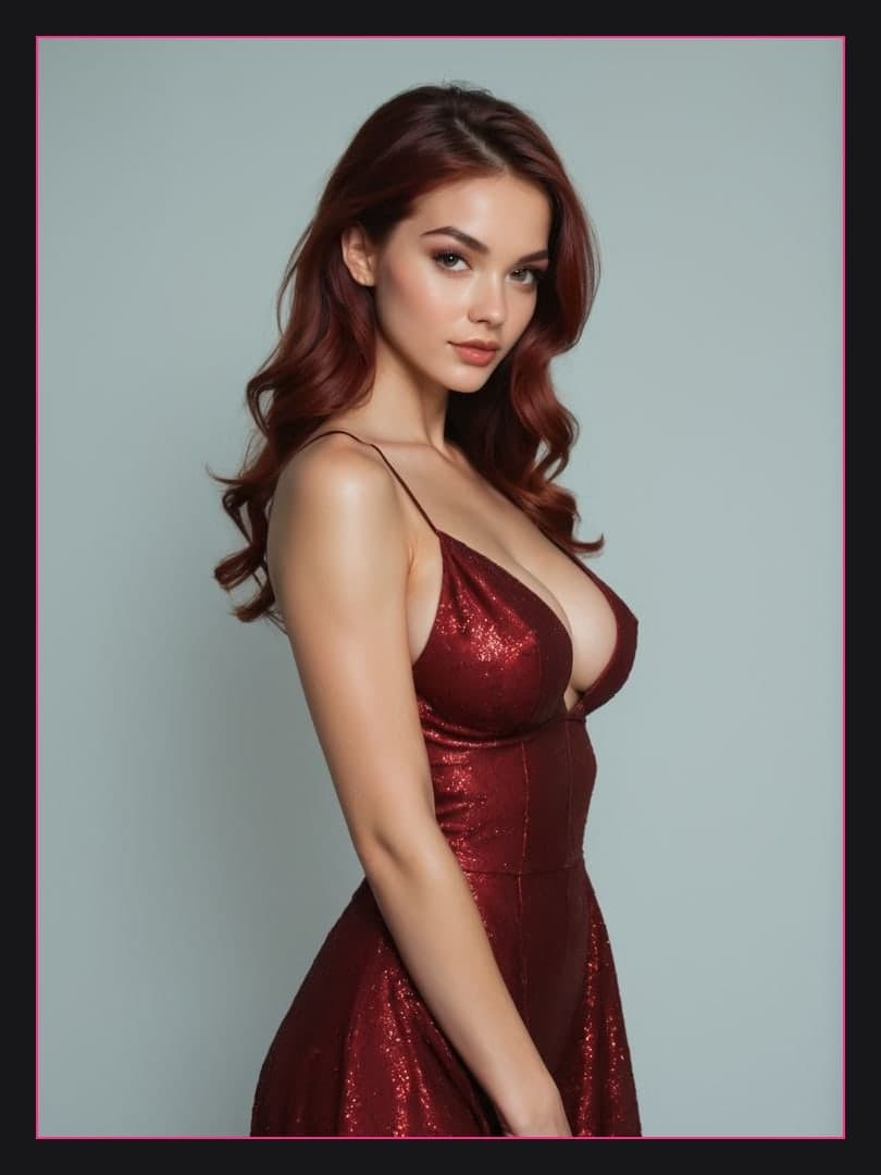 Red sequin dress studio portrait