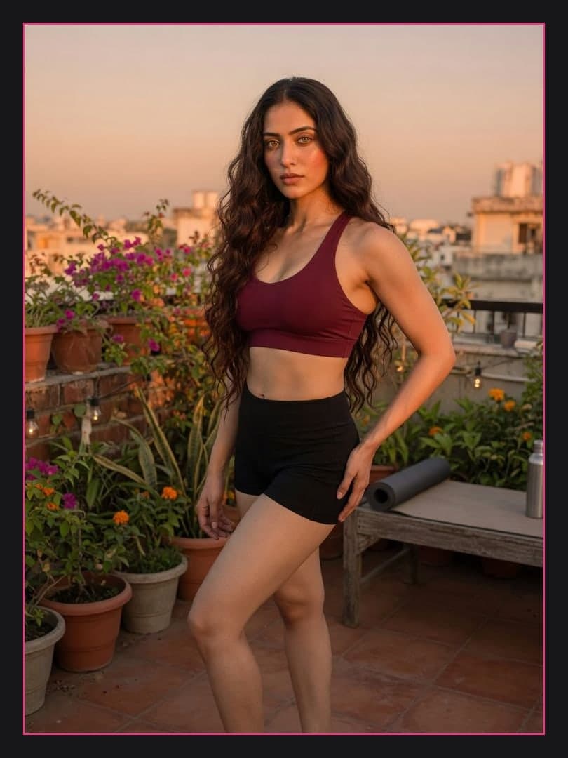 Long wavy brunette rooftop pose