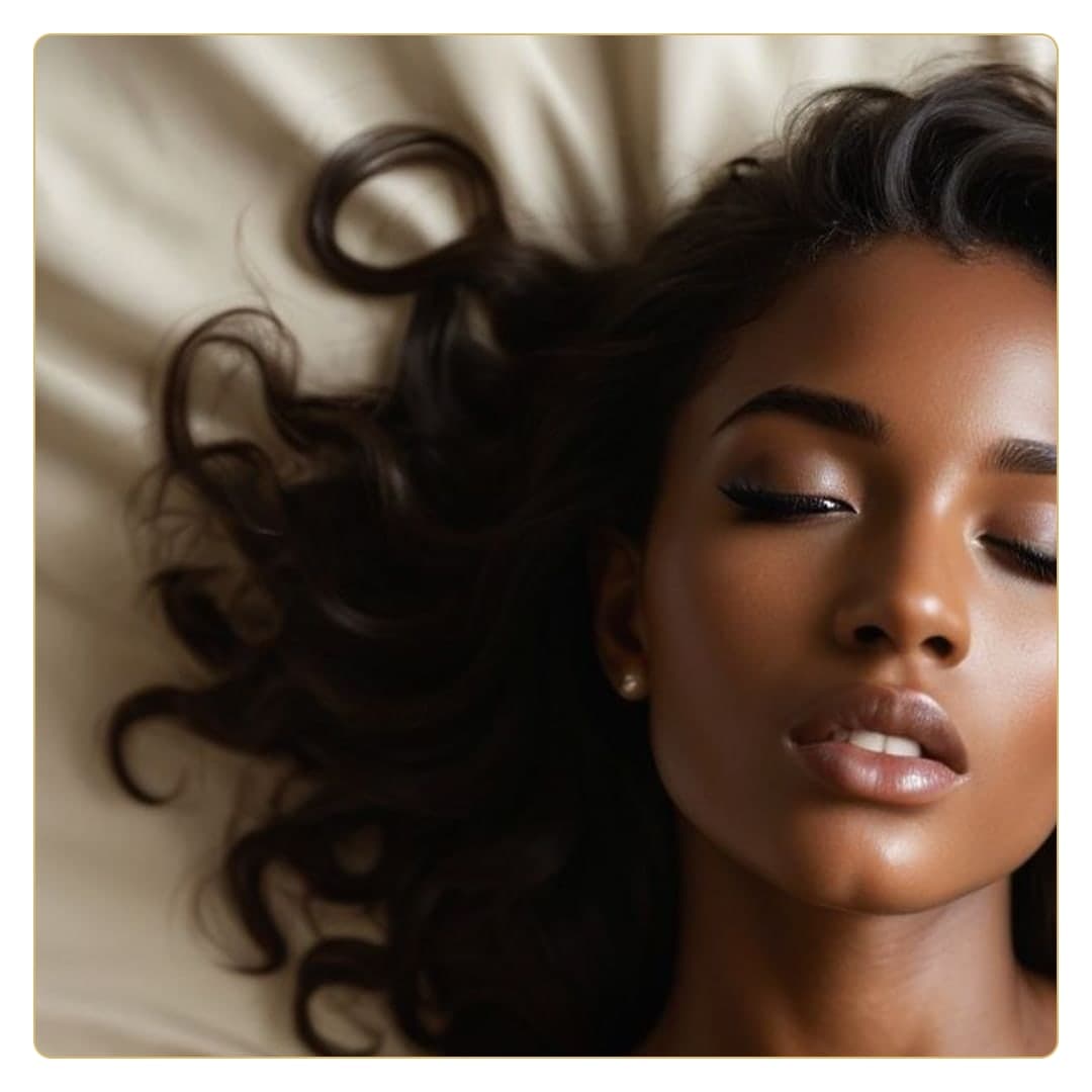 Close-up face on satin sheets