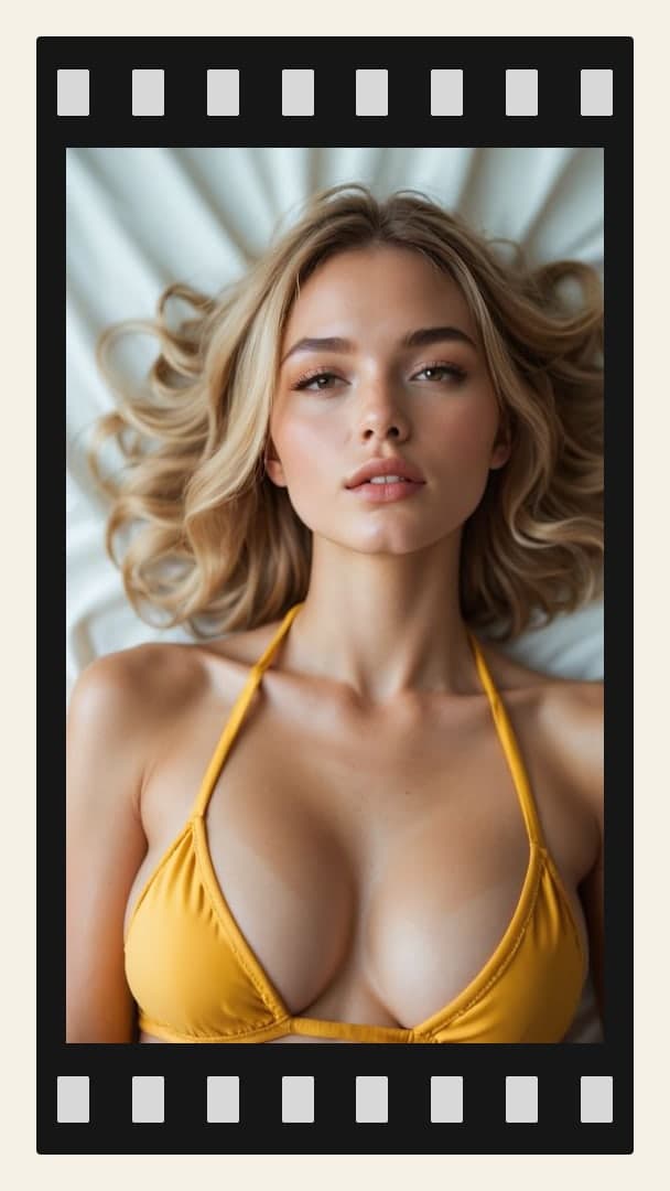 Blonde in yellow bikini on bed