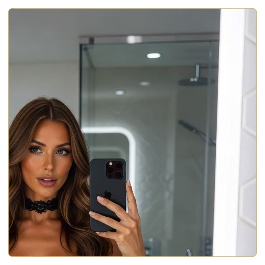 Curvy topless bathroom selfie