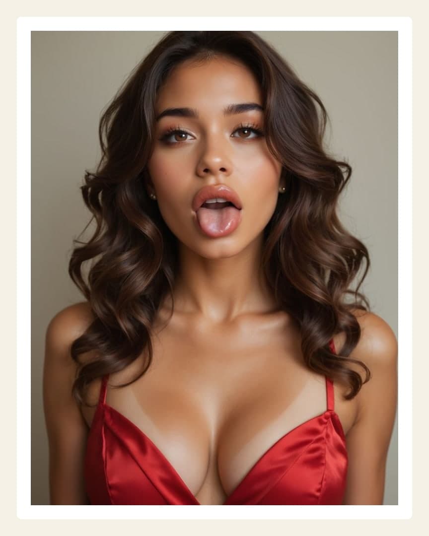 Brunette hazel eyes tongue out closeup