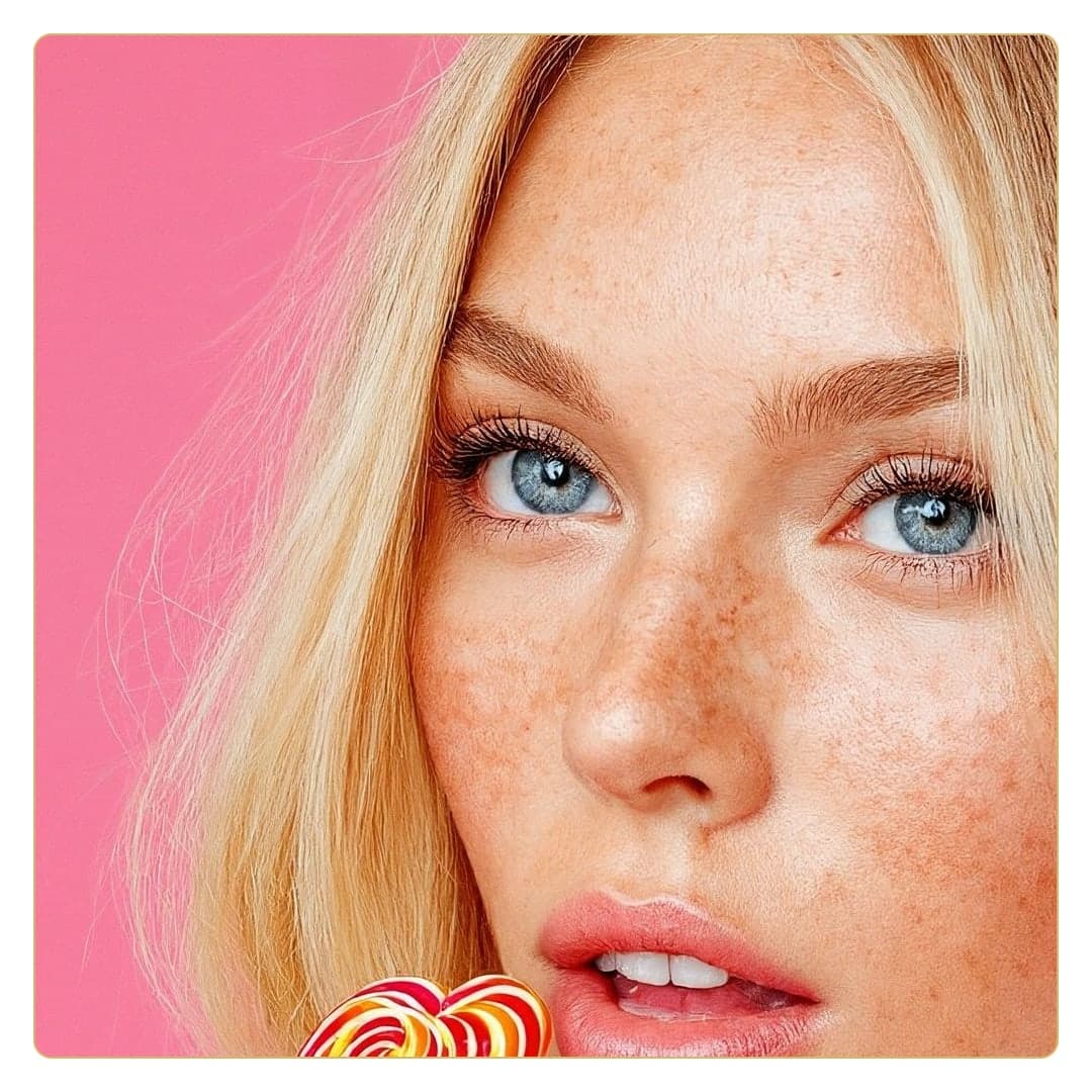Blonde blue eyes lollipop closeup